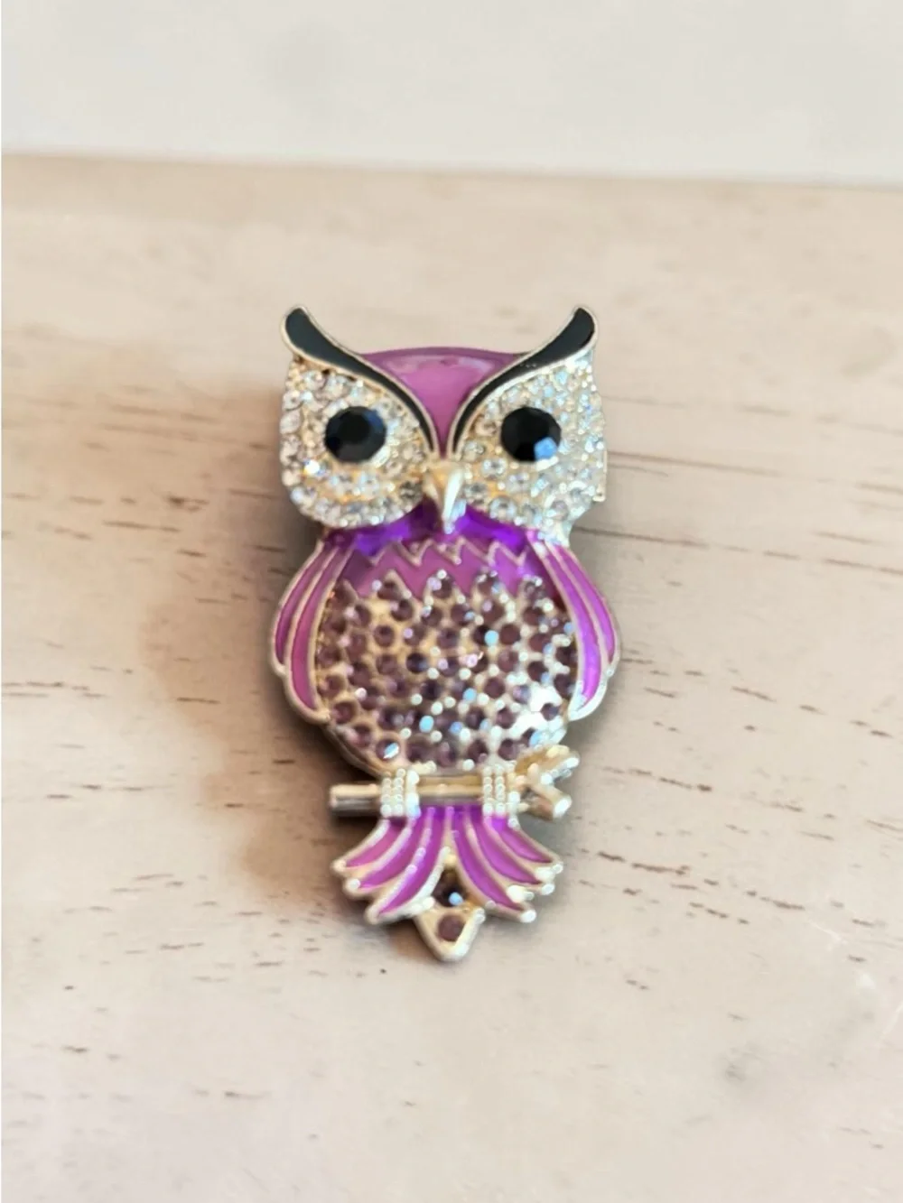 Mint Purple and‎ Clear Crystal Owl Brooch Pin